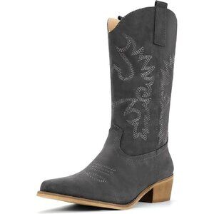 🆕Women Grey Manmade Material Mid Calf Embroidered Low Heel Pointed Toe Boots